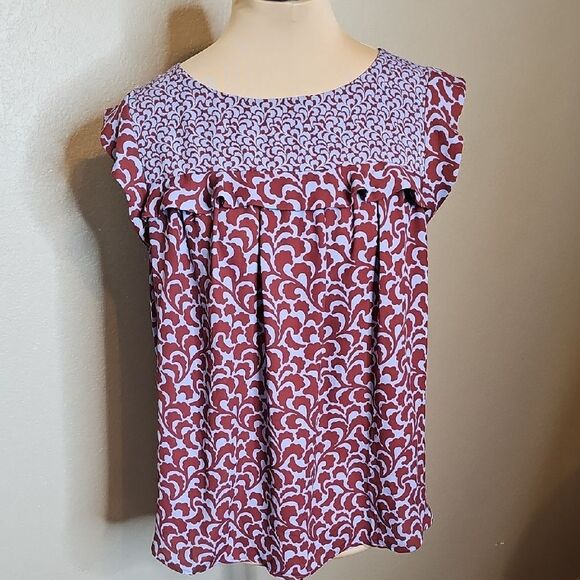 LOFT Tops - LOFT Medium Brick Red and Blue‎ Ruffle Sleeveless Patterned Georgette Blouse